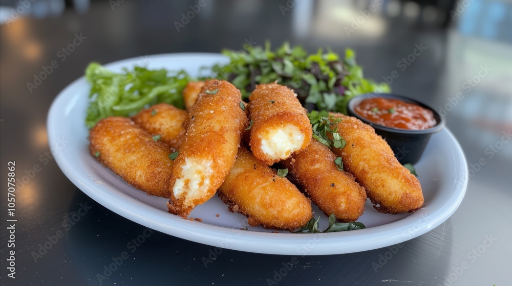 Plate of fried food with a side of salad Plate of fried food with a side of salad
