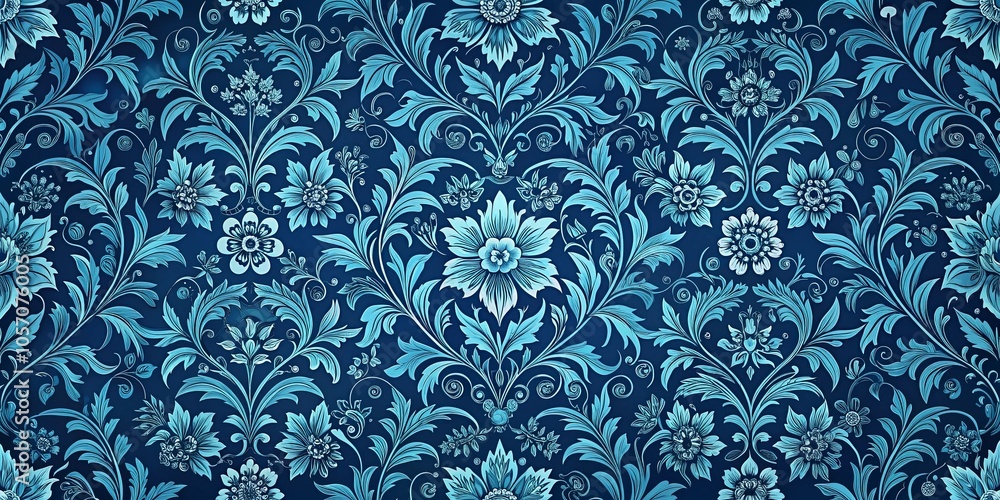 A Flourishing Tapestry of Azure and Indigo, a Seamless Pattern of Intricate Foliage and Delicate Blossoms A Flourishing Tapestry of Azure and Indigo, a Seamless Pattern of Intricate Foliage and Delicate Blossoms