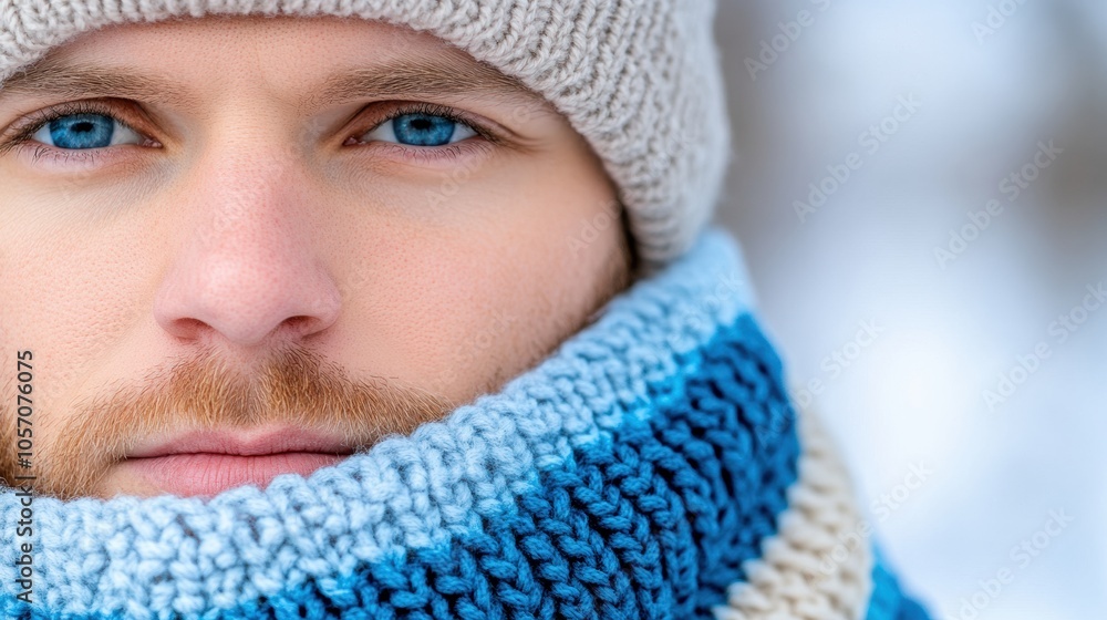 Man bundled in cozy knitwear with a serene winter backdrop, AI Man bundled in cozy knitwear with a serene winter backdrop, AI