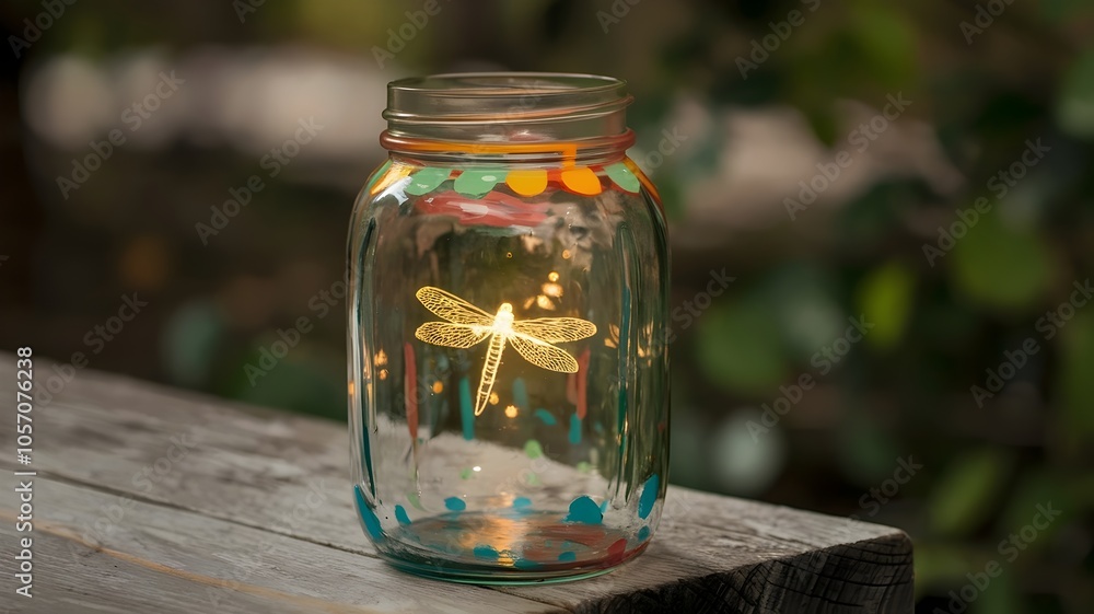 Colorful glass jar with glowing firefly light, placed on wooden surface Colorful glass jar with glowing firefly light, placed on wooden surface