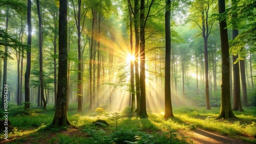 A serene forest with towering trees, gentle mist, and a warm sun peeking through the leaves., trees, outdoors, mystic, greenery, earthy