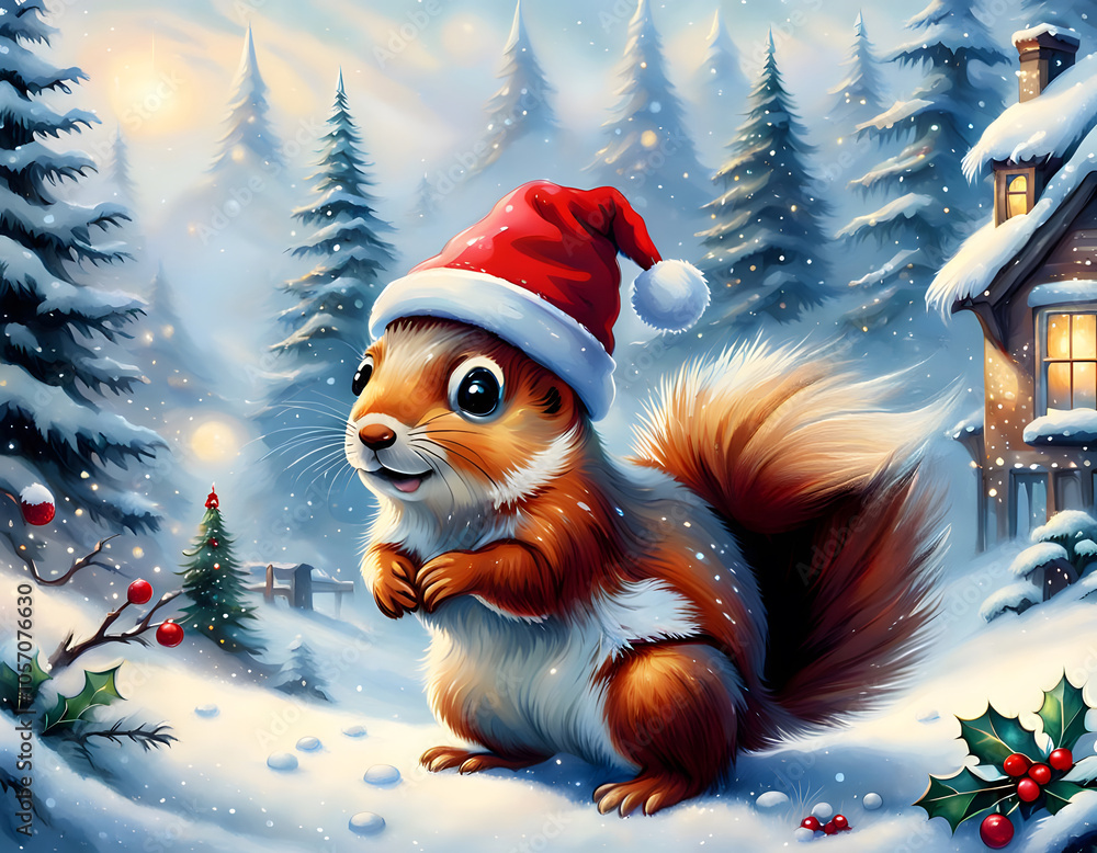 A cute squirrel with Santa hat in the winter forest A cute squirrel with Santa hat in the winter forest