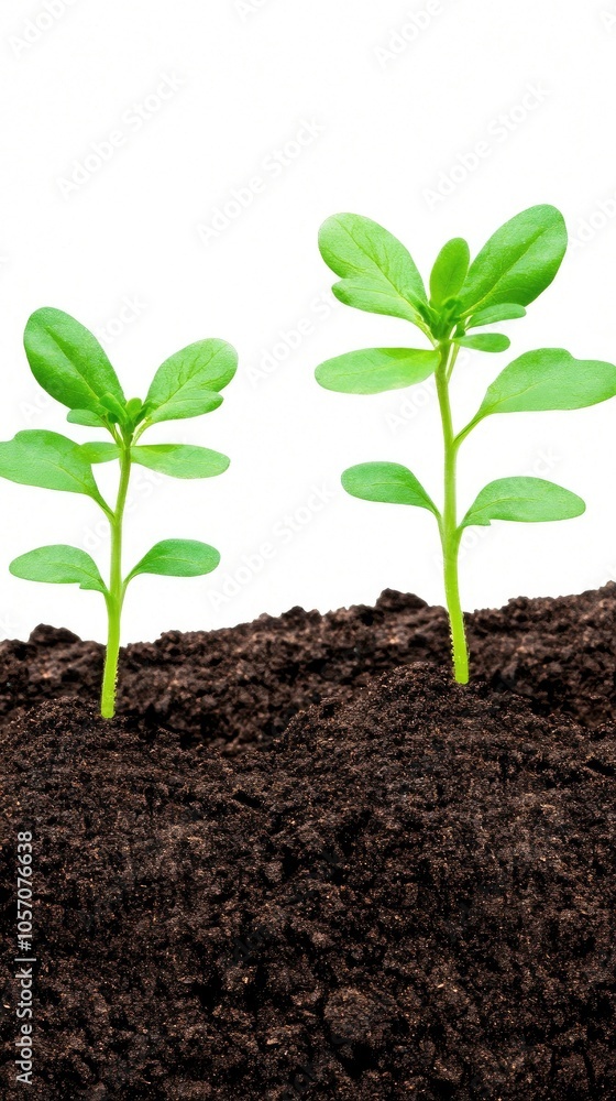 Enhancing garden spaces with rich black soil and vibrant green sprouts on a clean white background Enhancing garden spaces with rich black soil and vibrant green sprouts on a clean white background
