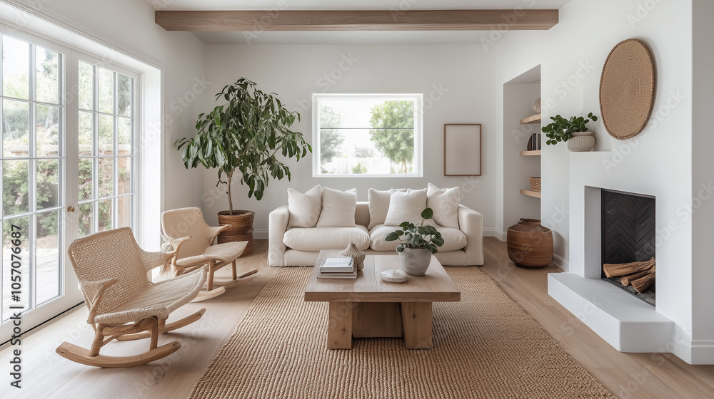 Fototapeta premium Modern Scandinavian Living Room Decor With Light Wood And Neutral Tones