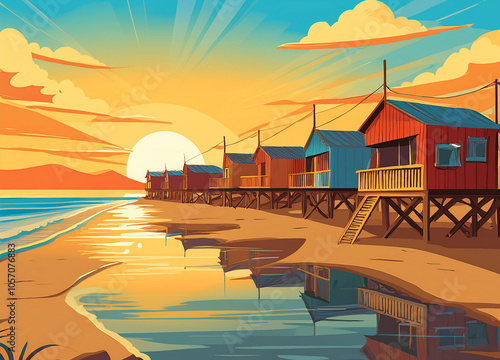 Beach illustration with huts at sunset. Generative AI.