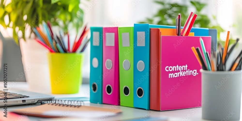 A desk with office supplies, including a folder labeled A desk with office supplies, including a folder labeled