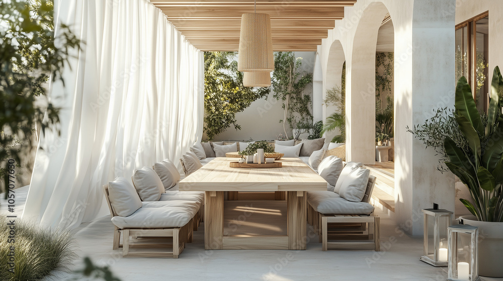 Fototapeta premium Luxurious Covered Outdoor Dining With Greenery And Soft Drapes