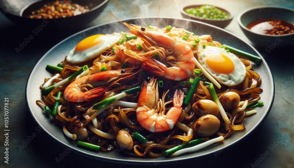 Char kway teow stir-fried noodles with prawns, eggs, bean sprouts, and chives on a plate Char kway teow stir-fried noodles with prawns, eggs, bean sprouts, and chives on a plate