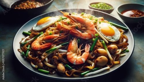 Char kway teow stir-fried noodles with prawns, eggs, bean sprouts, and chives on a plate photo