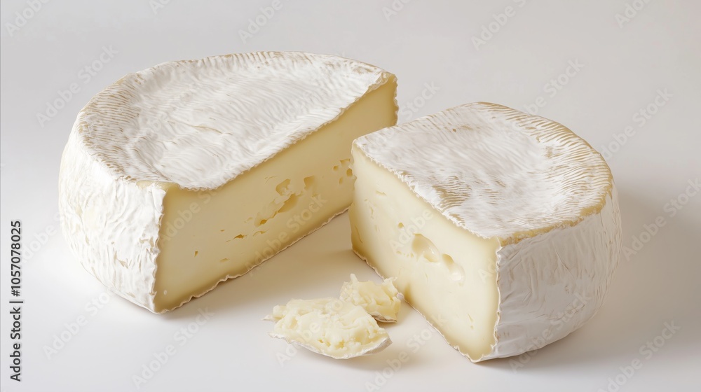 Wedge of cheese has been cut out of a large white cheese wheel Wedge of cheese has been cut out of a large white cheese wheel