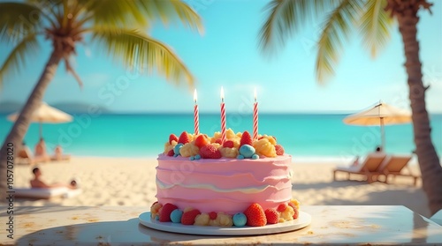 Fototapeta Naklejka Na Ścianę i Meble -  Celebrate your birthday with a tropical beach party and a delicious pink cake