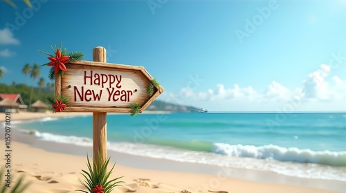 A wooden signpost decorated with holly and the neon-lit text "2025 Happy New Year" points towards the turquoise ocean on a sunny, tropical beach.