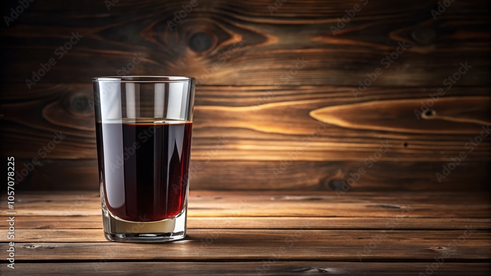 A sleek, modern glass container with a tapered shape and a flat bottom, filled to the brim with a rich, dark-colored beverage, placed on a wooden table, ale, glass vessel A sleek, modern glass container with a tapered shape and a flat bottom, filled to the brim with a rich, dark-colored beverage, placed on a wooden table, ale, glass vessel