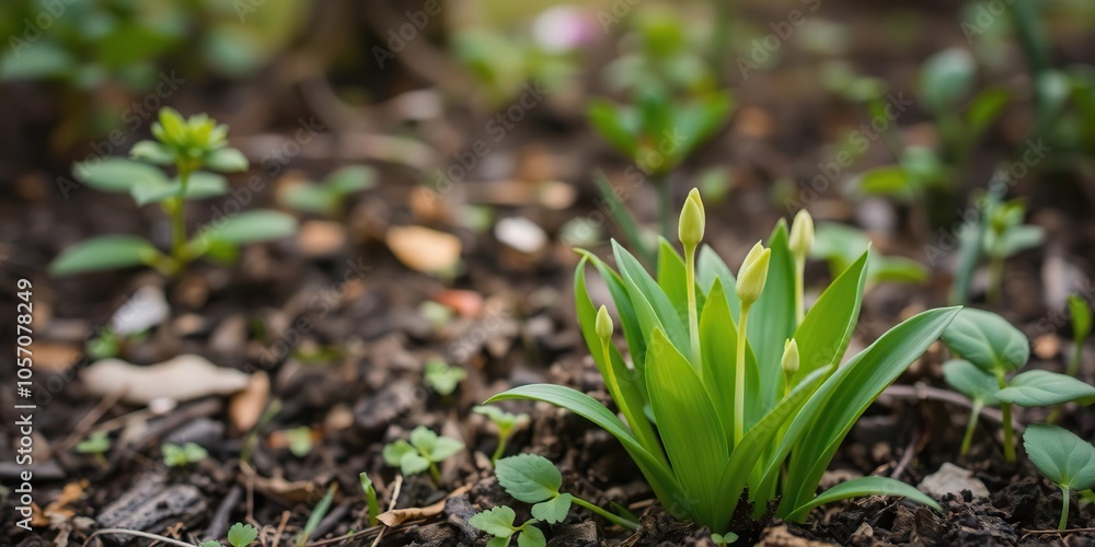 A small green seedling sprouting amidst fallen leaves in the dense forest, outdoors, flora, ecosystem A small green seedling sprouting amidst fallen leaves in the dense forest, outdoors, flora, ecosystem
