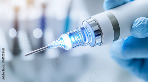 close up of medical syringe with glowing tip, held by gloved hand, in clinical setting. background features blurred medical instruments, creating professional atmosphere