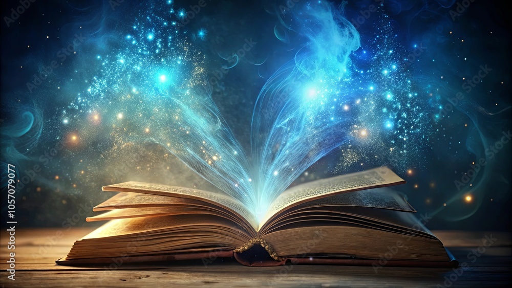 An open book with magical glow, shimmering dust, and ethereal wisps of smoke, illuminating the pages with celestial radiance. An open book with magical glow, shimmering dust, and ethereal wisps of smoke, illuminating the pages with celestial radiance.