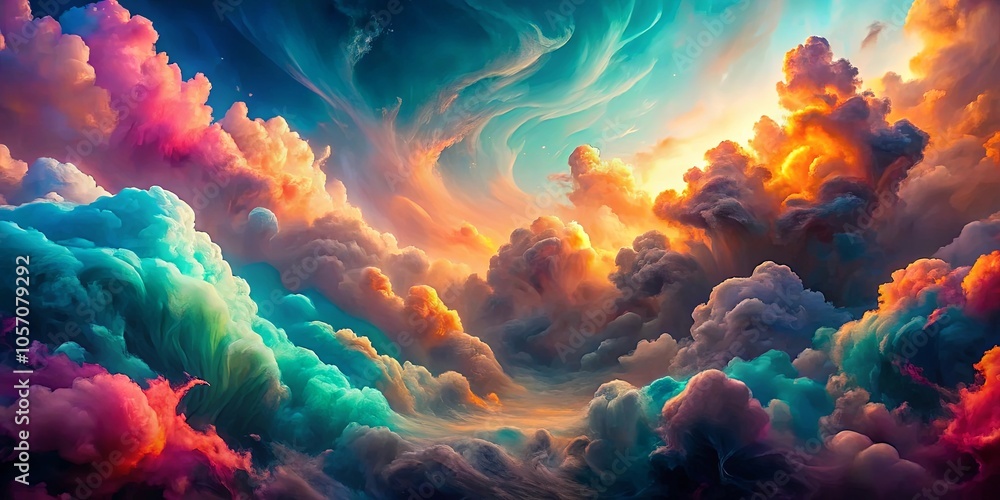Ethereal cloudscapes with vibrant hues of pink, blue, and orange, swirling and intermingling in a celestial dance, bathed in the glow of a setting sun. Ethereal cloudscapes with vibrant hues of pink, blue, and orange, swirling and intermingling in a celestial dance, bathed in the glow of a setting sun.