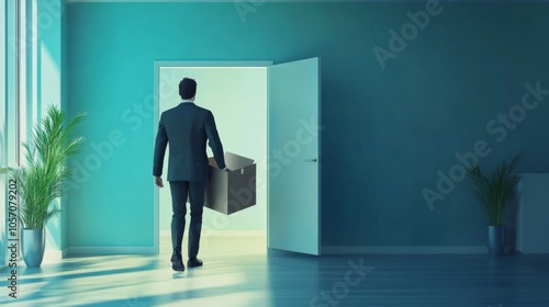 A man in a suit carrying a box walks through a doorway into a room