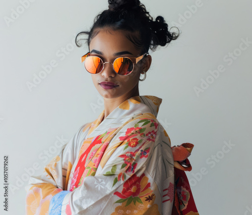 A young woman in an oversized kimono, wearing round sunglasses and standing against a white background with her hair tied back in buns.