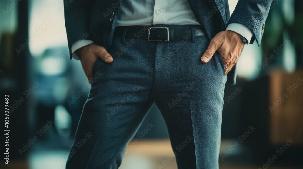 A man in a suit and tie is standing with his hands in his pockets A man in a suit and tie is standing with his hands in his pockets
