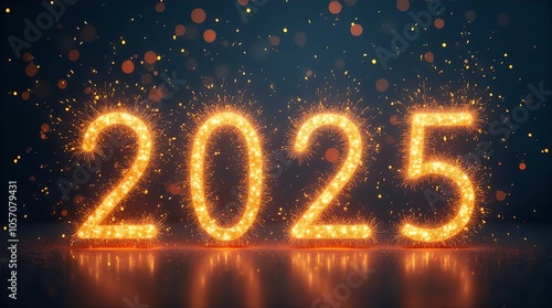 2025 numerals sparkle against a dark, atmospheric background with golden bokeh and glowing embers, evoking anticipation and excitement for the new year