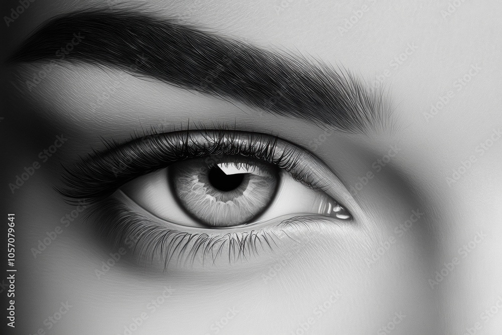 Close-up of a monochrome eye with detailed eyelashes and eyebrow, AI Close-up of a monochrome eye with detailed eyelashes and eyebrow, AI