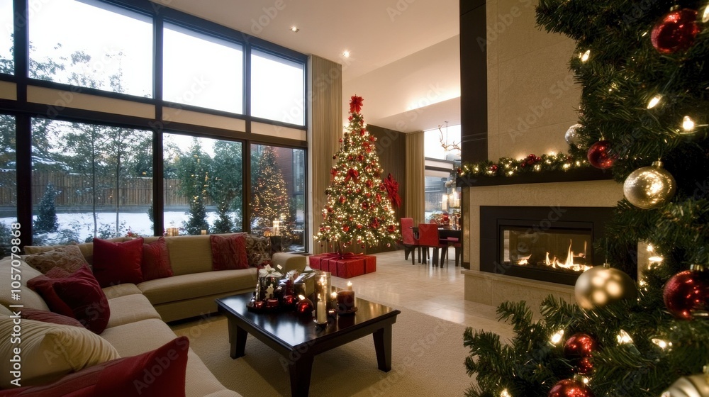 A modern, sophisticated living room adorned with elegant Christmas trees, festive lighting, and cozy neutral tones creating a warm holiday ambiance A modern, sophisticated living room adorned with elegant Christmas trees, festive lighting, and cozy neutral tones creating a warm holiday ambiance