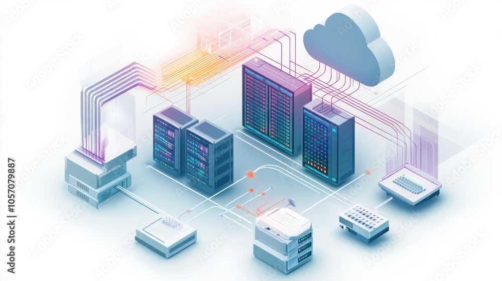Cloud networking illustration, showing servers connected to cloud systems with digital flow lines Cloud networking illustration, showing servers connected to cloud systems with digital flow lines