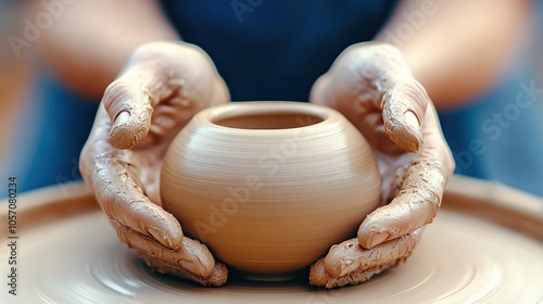 Hands shaping clay on a pottery wheel, creating a smooth, round vessel, AI