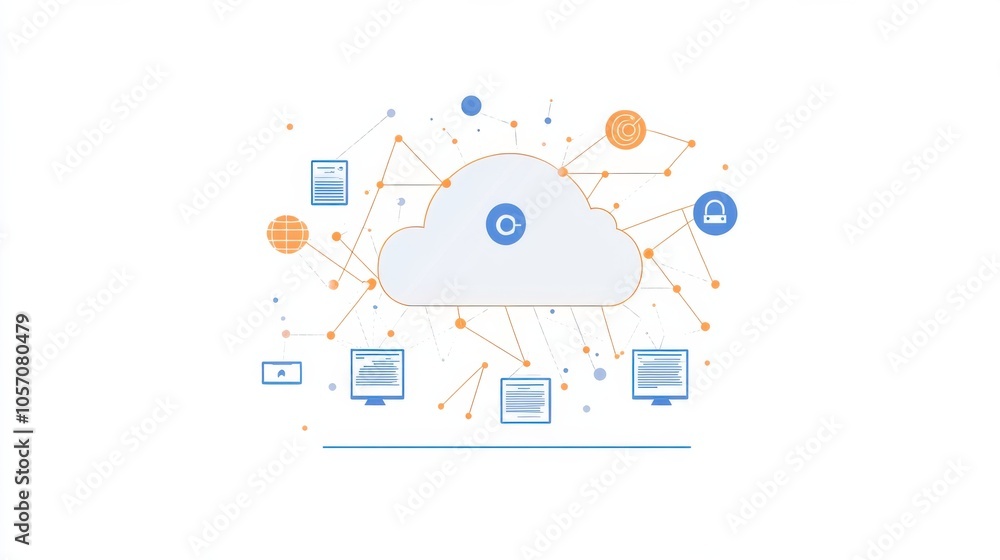 Cloud solutions illustration, showing a cloud with data connections and digital integration symbols Cloud solutions illustration, showing a cloud with data connections and digital integration symbols