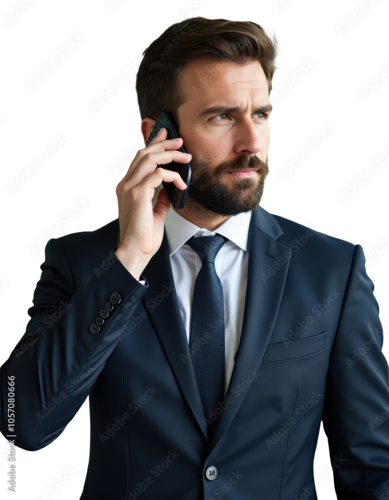 Portrait of a businessman exuding confidence and determination while talking on a mobile phone, isolated on a transparent background Portrait of a businessman exuding confidence and determination while talking on a mobile phone, isolated on a transparent background