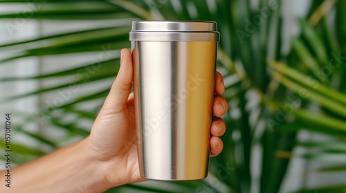 Stainless Steel Travel Mug in Hand Against Green Foliage Background