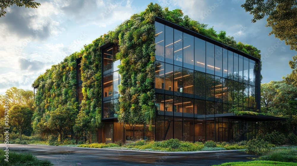 Modern glass office building with a lush green vertical garden on the exterior wall. Modern glass office building with a lush green vertical garden on the exterior wall.
