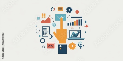 A hand gestures towards digital marketing, highlighting the internet advertising, increased sales, and business technology aspects. It also represents finance, banking, and big data.