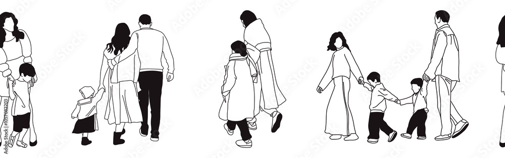 Hand-drawn doodle family border. Outline family clipart. Hand-drawn black art. Hand-drawn doodle family border. Outline family clipart. Hand-drawn black art.