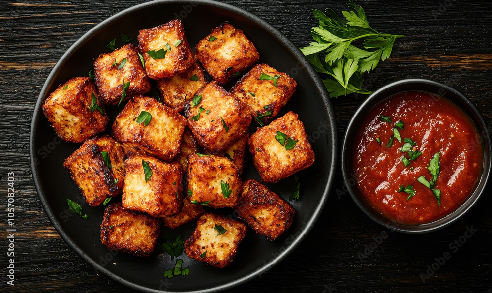 Delicious Fried Cheese Cubes with Savory Dipping Sauce and Parsley Garnish Delicious Fried Cheese Cubes with Savory Dipping Sauce and Parsley Garnish