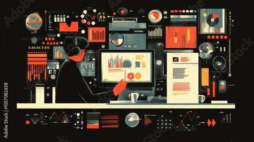 Computer science vector, showing a programmer coding on a computer, surrounded by data charts and symbols