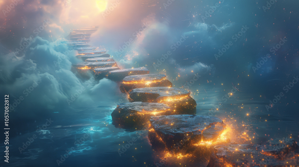 Obraz premium Abstract Floating Stone Pathway in Tranquil Mist with Glowing Motivational Energy – 400 DPI High Resolution