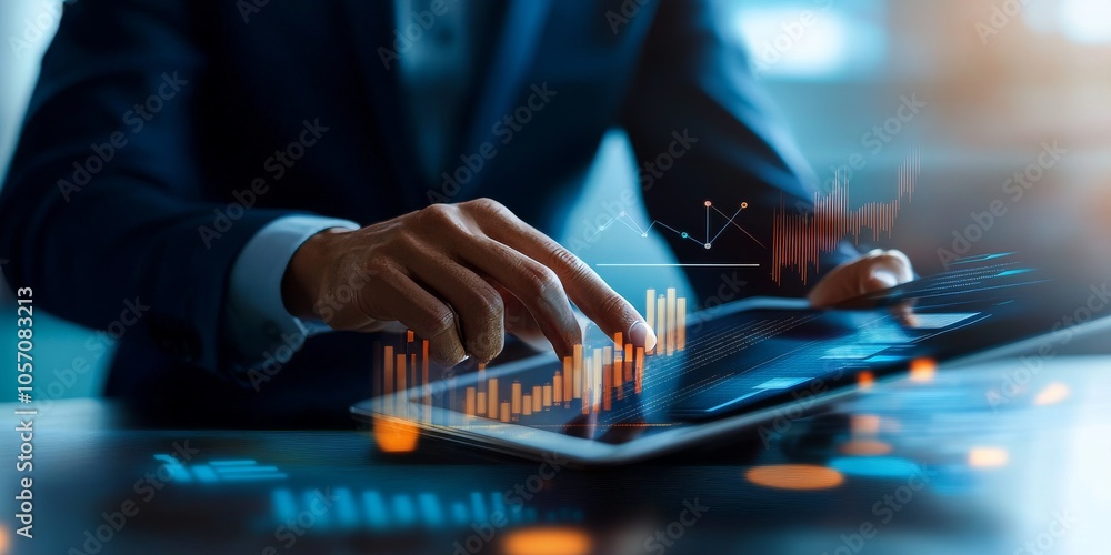 A man is using a tablet, looking at something on the screen.