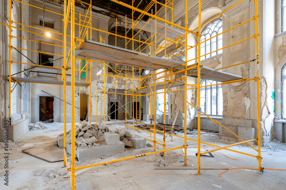 abandoned construction site with scaffolding, authentic urban decay abandoned construction site with scaffolding, authentic urban decay