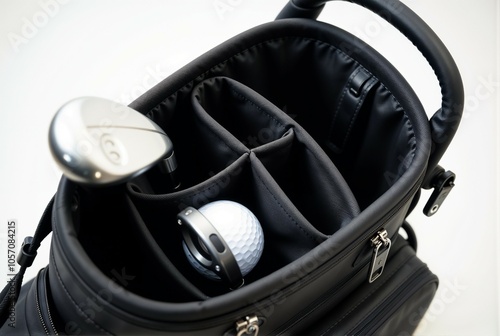 A golf bag that contains a golf club along with a golf ball inside it photo