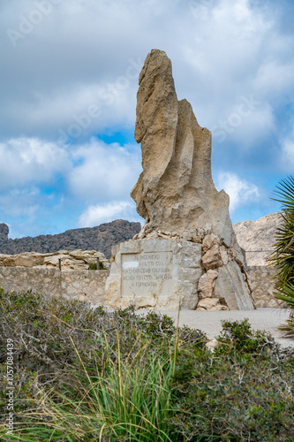 Mirador de Es Colomer mallorca stone statue monument, vertical shot, majorca spain photo