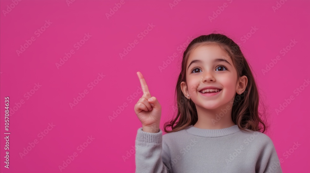 Young girl is pointing at something with her finger and smiling