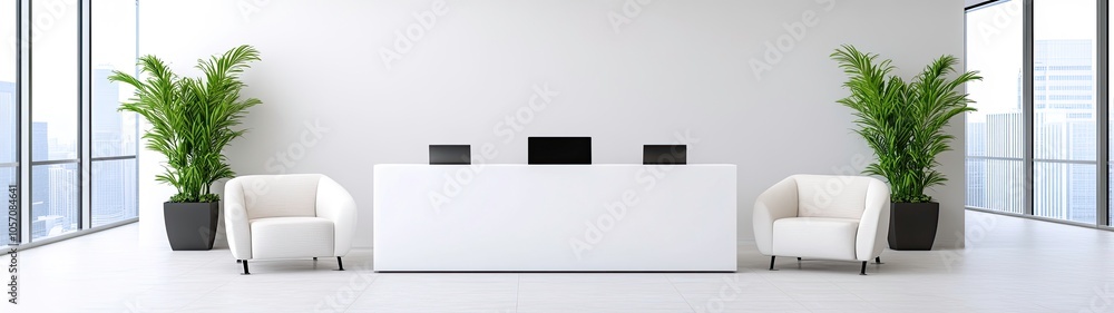 A Sleek and Intelligent Robotic Receptionist at a Modern Office Desk Offering Futuristic Customer Service Solutions A Sleek and Intelligent Robotic Receptionist at a Modern Office Desk Offering Futuristic Customer Service Solutions