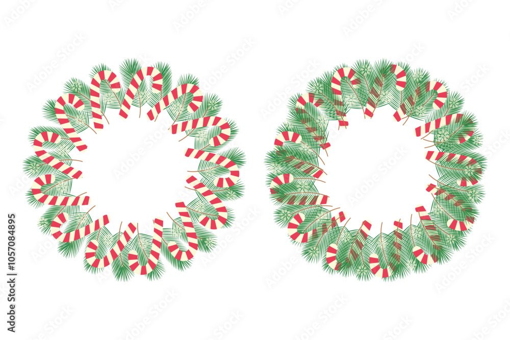 Pine branches wreath decorated striped candy canes and snowflakes. Circle Christmas frame border Set Pine branches wreath decorated striped candy canes and snowflakes. Circle Christmas frame border Set