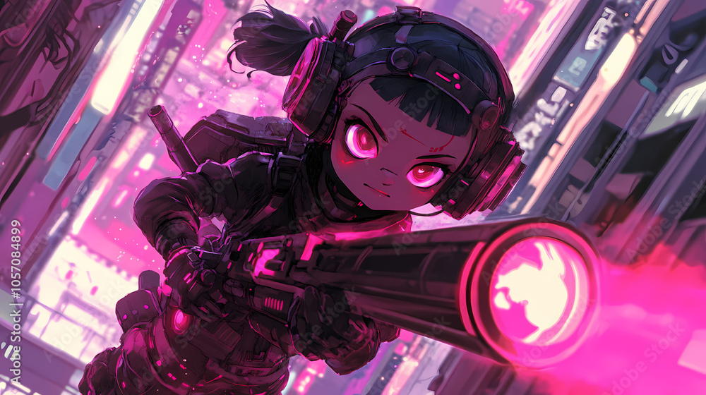 Obraz premium Mystical Yokai Chibi in Solarpunk and Synthwave Style: Anime Illustration