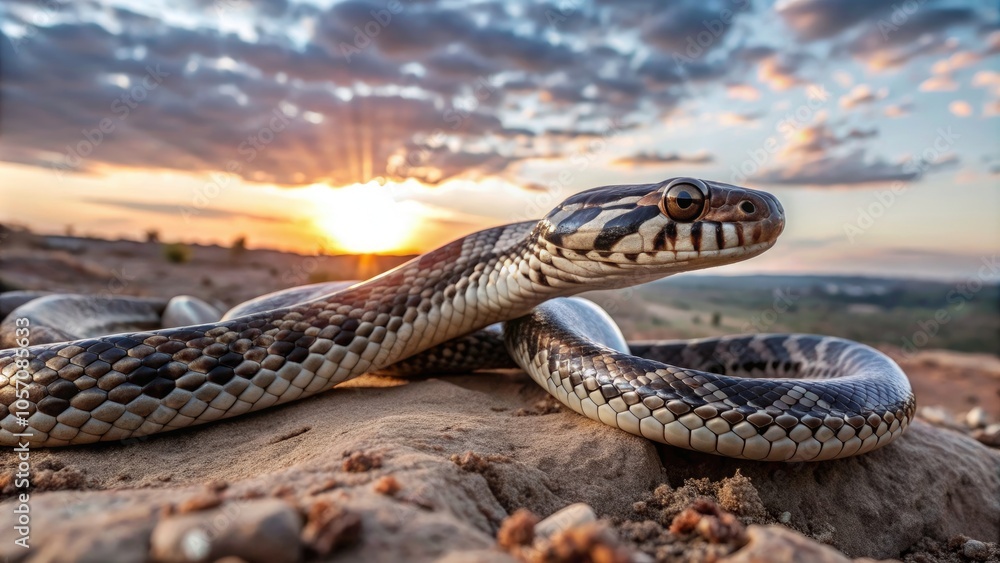 Obraz premium A close-up view of a snake resting on rocky terrain, illuminated by the warm glow of a sunset against a beautifully cloudy sky.