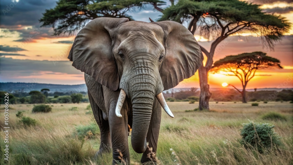 Fototapeta premium Elephant stands proudly in the savannah at sunset, surrounded by lush grass and acacia trees, embodying the beauty of nature.