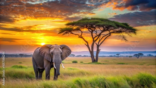 Elephant stands gracefully in a golden savannah, framed by a vibrant sunset and lone acacia tree, capturing the essence of wildlife. photo