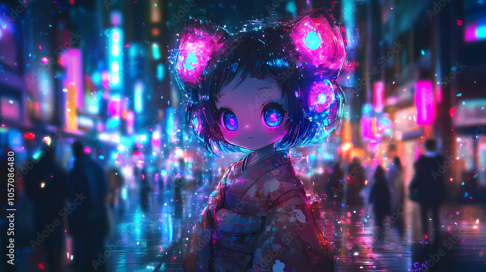 Mystical Yokai Chibi in Solarpunk and Synthwave Style: Anime Illustration Mystical Yokai Chibi in Solarpunk and Synthwave Style: Anime Illustration